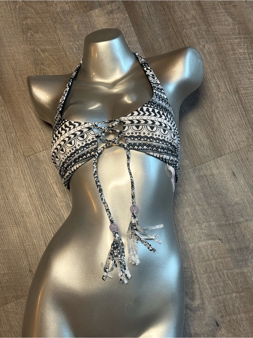 Black & White Lace-Up Halter Swim Top